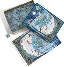Winter Woodland jigsaw puzzle by Cobble Hill featuring a beautifully illustrated winter scene with various animals and a snowy landscape. The box is open, revealing the puzzle pieces inside alongside the image of the completed puzzle.