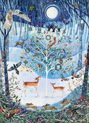 A beautiful jigsaw puzzle titled 'Winter Woodland' featuring a serene winter scene with snowy trees, playful woodland animals such as deer, rabbits, and various birds, set against a starry night sky with a bright moon. The artwork captures the charm of nature in winter, ideal for puzzle enthusiasts and nature lovers alike.