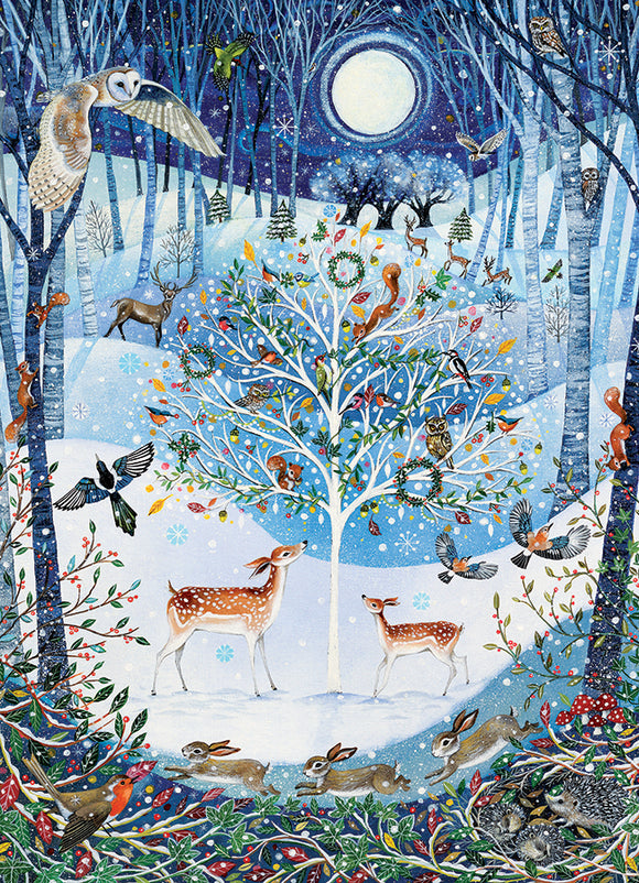 A beautiful jigsaw puzzle titled 'Winter Woodland' featuring a serene winter scene with snowy trees, playful woodland animals such as deer, rabbits, and various birds, set against a starry night sky with a bright moon. The artwork captures the charm of nature in winter, ideal for puzzle enthusiasts and nature lovers alike.