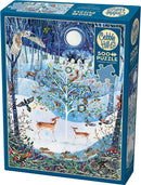 The Cobble Hill 'Winter Woodland' jigsaw puzzle features a vibrant winter scene filled with woodland animals like deer, rabbits, and various birds. The colorful artwork showcases a snowy landscape with trees adorned with ornaments, and a full moon illuminating the night sky, promising a delightful and engaging puzzle experience for all ages.