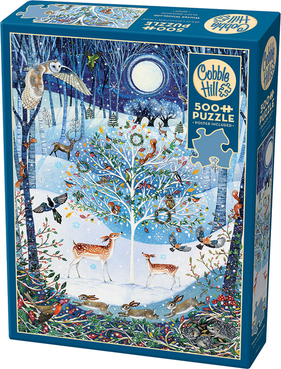 The Cobble Hill 'Winter Woodland' jigsaw puzzle features a vibrant winter scene filled with woodland animals like deer, rabbits, and various birds. The colorful artwork showcases a snowy landscape with trees adorned with ornaments, and a full moon illuminating the night sky, promising a delightful and engaging puzzle experience for all ages.