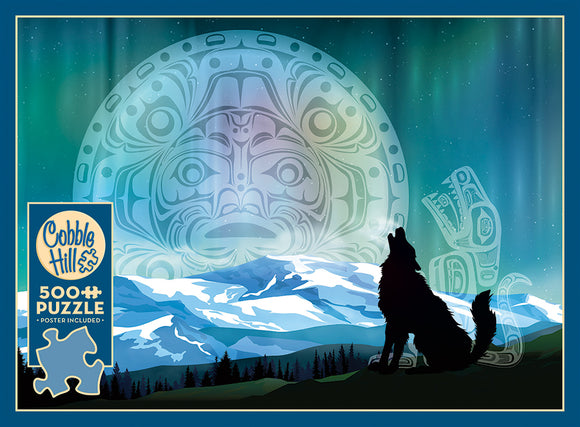 A vibrant jigsaw puzzle titled 'Two Wolves' by Cobble Hill featuring a silhouette of a wolf howling at a colorful night sky with northern lights. The background showcases majestic mountains and a stylized moon design. The puzzle consists of 500 pieces and includes a poster.