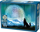Cobble Hill's Two Wolves jigsaw puzzle featuring a striking depiction of a wolf silhouetted against a vibrant night sky with northern lights and a large tribal moon design. The puzzle contains 500 pieces and includes a poster to assist with assembly.