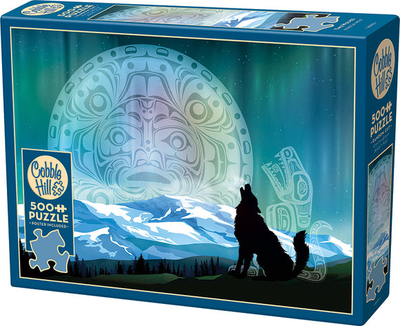 Cobble Hill's Two Wolves jigsaw puzzle featuring a striking depiction of a wolf silhouetted against a vibrant night sky with northern lights and a large tribal moon design. The puzzle contains 500 pieces and includes a poster to assist with assembly.