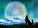 A striking jigsaw puzzle titled "Two Wolves" by Cobble Hill, showcasing two silhouetted wolves howling against a stunning night sky filled with the aurora borealis and a tribal emblem in the background, reminiscent of nature and mythology.