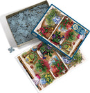 The Flower Cupboard jigsaw puzzle by Cobble Hill features a vibrant and intricately illustrated scene of a cupboard filled with colorful plants and flowers, displayed in pots and jars. The packaging includes a picture of the completed puzzle laid out beside the partially opened box, revealing the collection of puzzle pieces inside.