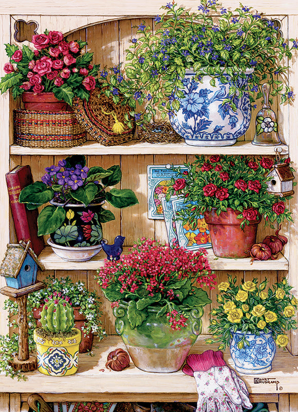 A vibrant and detailed illustration of a flower cupboard filled with various potted plants and flowers, including roses, violets, and cacti. The scene includes decorative pots, gardening books, and a charming birdhouse, creating a lush, inviting atmosphere.