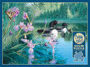 Iris Cove Loons jigsaw puzzle by Cobble Hill featuring a serene lakeside scene with two loons swimming in crystal-clear water surrounded by vibrant flowers and a butterfly. The artwork captures the tranquility of nature, making this a perfect 500-piece puzzle for nature lovers and puzzle enthusiasts alike.