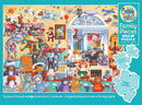 The Cats and Dogs Museum jigsaw puzzle by Cobble Hill features a colorful and whimsical illustration of anthropomorphized cats and dogs in various historical costumes and settings. It includes playful elements such as a dinosaur skeleton, robots, and a variety of toys, surrounded by a vibrant background filled with stars and balloons. The puzzle contains a total of 350 pieces in varying sizes, making it suitable for puzzlers of all skill levels. A poster is also included for reference.