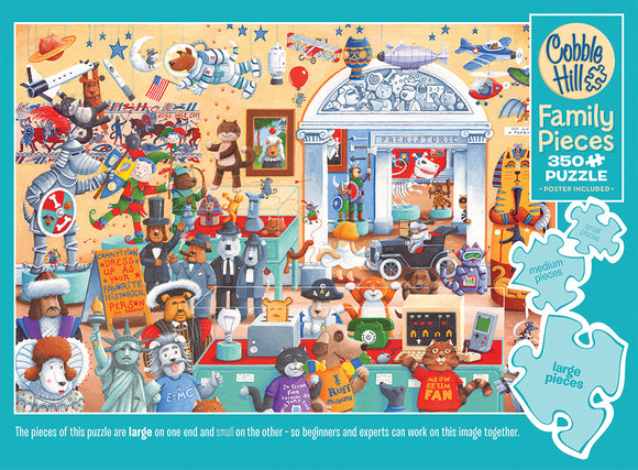 The Cats and Dogs Museum jigsaw puzzle by Cobble Hill features a colorful and whimsical illustration of anthropomorphized cats and dogs in various historical costumes and settings. It includes playful elements such as a dinosaur skeleton, robots, and a variety of toys, surrounded by a vibrant background filled with stars and balloons. The puzzle contains a total of 350 pieces in varying sizes, making it suitable for puzzlers of all skill levels. A poster is also included for reference.