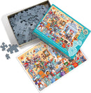 A colorful jigsaw puzzle titled 'Cats and Dogs Museum' by Cobble Hill. The box is open, showing puzzle pieces and an illustration of a vibrant museum scene filled with cats and dogs in various playful activities and costumes. Several loose puzzle pieces are also visible in the foreground.