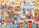 A colorful jigsaw puzzle featuring a whimsical museum scene filled with cartoon cats and dogs dressed in various costumes. The animals are interacting with artifacts, including historical items, toys, and exhibits in a playful and humorous manner. Bright colors and intricate details make this jigsaw puzzle engaging and fun for all ages.