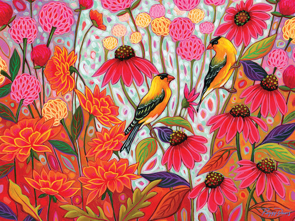 A colorful jigsaw puzzle titled 'Springtime Goldfinches' featuring vibrant illustrations of goldfinches perched among a variety of blossoming flowers in shades of pink, red, orange, and green. The intricate design captures a cheerful spring landscape, ideal for puzzle enthusiasts and nature lovers.