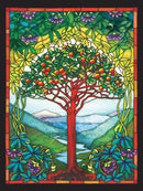 Colorful Tree of Life stained glass design featuring a vibrant red tree surrounded by lush greenery, mountains in the background, and delicate flowers at the top. The intricate details and vivid colors are perfect for puzzle enthusiasts.