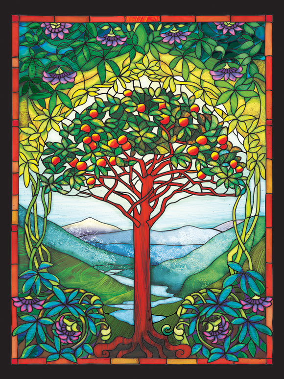 Colorful Tree of Life stained glass design featuring a vibrant red tree surrounded by lush greenery, mountains in the background, and delicate flowers at the top. The intricate details and vivid colors are perfect for puzzle enthusiasts.