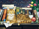An orange tabby cat, Marmaduke, lays comfortably on a wooden desk surrounded by various books, a small spool of thread, pencils, and a flower pot with tulips. The background features a decorative floral pattern.