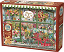 A colorful jigsaw puzzle box titled 'Flowers and Cacti Shop' by Cobble Hill. The illustration depicts a charming storefront filled with vibrant flowers and cacti, complemented by a bicycle adorned with plants. The box indicates it contains 275 large pieces for easy handling, and includes a poster.