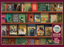 A beautifully illustrated jigsaw puzzle titled 'Adventure Storytime' by Cobble Hill, featuring a bookshelf with classic literature books, including titles like 'White Fang', 'The Hound of the Baskervilles', and 'Treasure Island'. The puzzle includes a cozy cat resting atop the shelf, adding a warm touch to the book collection.