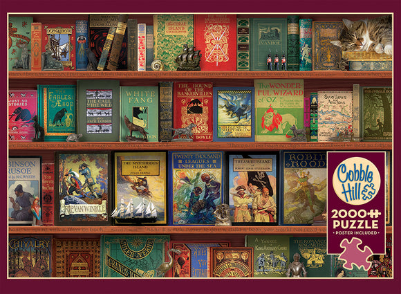 A beautifully illustrated jigsaw puzzle titled 'Adventure Storytime' by Cobble Hill, featuring a bookshelf with classic literature books, including titles like 'White Fang', 'The Hound of the Baskervilles', and 'Treasure Island'. The puzzle includes a cozy cat resting atop the shelf, adding a warm touch to the book collection.