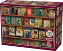 Adventure Storytime jigsaw puzzle by Cobble Hill, featuring a colorful assortment of classic book covers on a wooden shelf, complete with a sleeping cat and small figurines. This 2000+ piece puzzle invites hours of engaging fun for book lovers and puzzle enthusiasts alike.