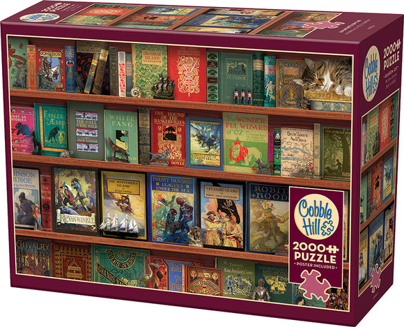Adventure Storytime jigsaw puzzle by Cobble Hill, featuring a colorful assortment of classic book covers on a wooden shelf, complete with a sleeping cat and small figurines. This 2000+ piece puzzle invites hours of engaging fun for book lovers and puzzle enthusiasts alike.