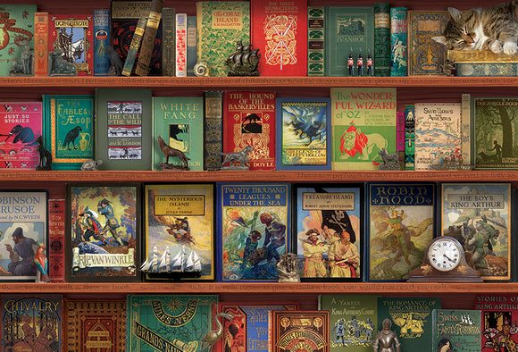 A colorful jigsaw puzzle titled 'Adventure Storytime' by Cobble Hill, featuring a charming bookshelf filled with classic books. The puzzle showcases intricate book covers, including titles like 'Robinson Crusoe', 'Treasure Island', and 'The Wonderful Wizard of Oz', along with decorative elements such as a cat sleeping atop the shelf and various figurines.