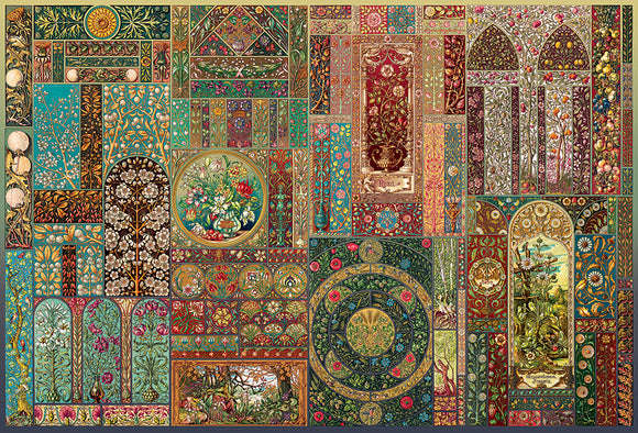 A vibrant jigsaw puzzle featuring intricate floral and geometric patterns designed by Anton Seder. The puzzle showcases a colorful collage of botanical illustrations, ornate frames, and decorative motifs, all richly detailed in a harmonious mix of colors such as turquoise, red, green, and gold.
