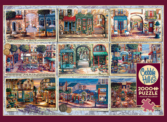 Cobble Hill's 'Memories of Paris' jigsaw puzzle features vibrant illustrations capturing charming Parisian streets and cafés. This 2000-piece puzzle includes a bonus poster and shows various colorful scenes of Paris, inviting puzzle enthusiasts to embark on a picturesque journey through the city.