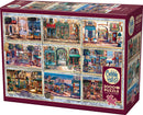The 'Memories of Paris' jigsaw puzzle by Cobble Hill features a vibrant collage of Parisian streets. This box includes a 2000+ piece puzzle showcasing charming cafes, shops, and scenic views of Paris. A poster is also included to assist in puzzle assembly.