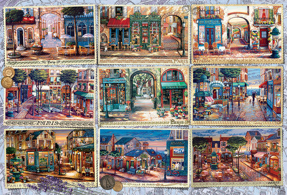 A colorful jigsaw puzzle titled 'Memories of Paris' by Cobble Hill, featuring charming Parisian streets, cafes, and shops. The illustration depicts various scenes of Paris, capturing the essence of city life with bustling markets, outdoor seating, and vibrant storefronts, all arranged in a grid format.