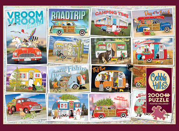 Vroom Vroom jigsaw puzzle by Cobble Hill featuring colorful illustrations of various vintage cars and camper vans in different seasonal settings including 'Roadtrip', 'Camping Time', and 'Day at the Beach'. The overall design is vibrant and playful, showcasing detailed artwork that celebrates travel and adventure.