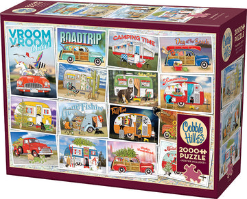 Vroom Vroom jigsaw puzzle by Cobble Hill featuring whimsical illustrations of colorful vintage vehicles, camping scenes, and beautiful landscapes. This 2000-piece puzzle offers intricate details and includes a poster for reference.