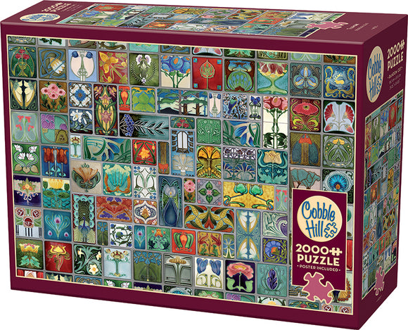 Cobble Hill Tilework jigsaw puzzle box featuring a vibrant collection of tile designs in various colors and patterns, with a total of 2000+ pieces. The box includes a poster and showcases an array of floral and abstract motifs, ideal for puzzle enthusiasts.