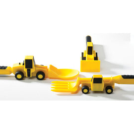 A colorful set of children's utensils designed as construction vehicles. The set includes a yellow fork shaped like a digger, a spoon resembling a bulldozer, and a scoop that looks like a construction truck, perfect for making mealtime fun and engaging for kids. Ideal for encouraging imaginative play while dining.