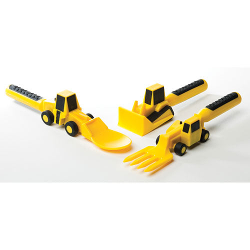 A set of colorful construction-themed utensils designed for children by Constructive Eating. The set includes a scoop resembling a digger, a shovel with a flat front, and a fork resembling a small construction vehicle. All utensils feature yellow and black designs, promoting imaginative play during meals.