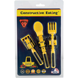 Set of Construction-themed children's utensils by Constructive Eating. The package includes a fork, spoon, and knife designed to look like construction tools, featuring bright yellow colors and black accents. Perfect for engaging kids during mealtime, fostering creativity, and making eating fun.