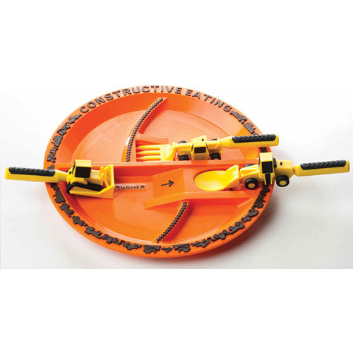 A vibrant orange plate with construction-themed utensils, including a fork, knife, and a pusher, all designed to resemble construction vehicles. The utensils feature black handles and yellow accents, appealing to children who enjoy imaginative play while eating. The plate has a playful design that enhances mealtime fun, making it a perfect dining set for little construction enthusiasts.