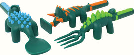 A set of three colorful dinosaur-themed children's utensils including a spoon, fork, and knife. Each utensil features playful dinosaur designs, with distinct textures and colors, making mealtime fun and engaging for kids.