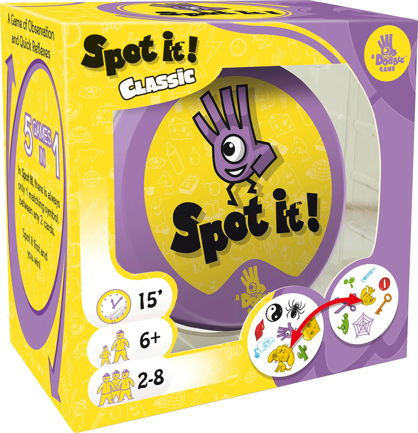 Spot it! Box game by Zygomatic, featuring the title on a bright yellow background with fun illustrations. The packaging displays information on game duration (15 minutes), age suitability (6+), and player count (2-8). This fast-paced observation game challenges players to spot matching symbols between cards.