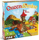 The game Queendomino by Blue Orange U.S.A. features a colorful box design showcasing a vibrant landscape with a castle, river, sheep, and various game pieces. The illustration highlights a queen, a knight, and a scenic background including hills and a blue sky, encapsulating the adventure and strategy of the game.