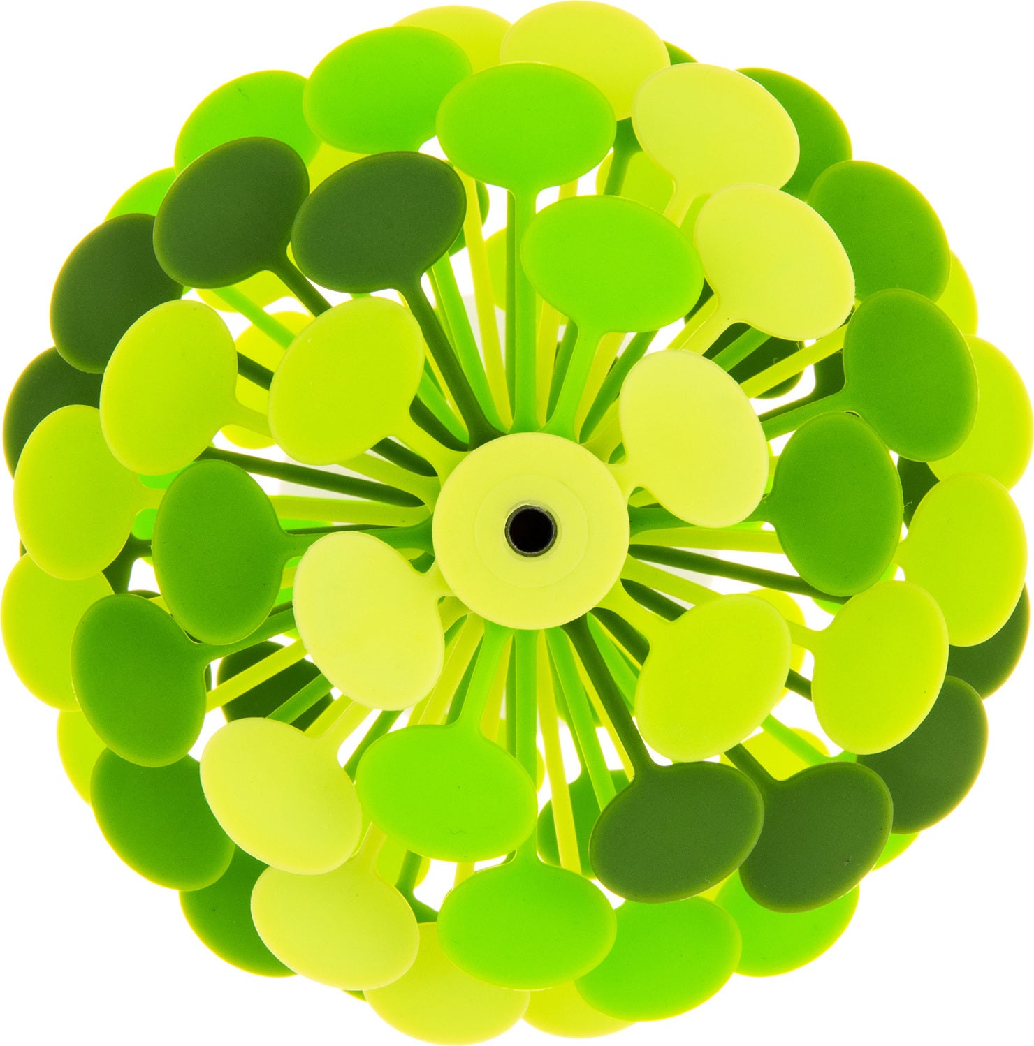 Lollipopter Green Apple by Beyond 123, a vibrant, spherical fidget toy made of flexible green and yellow plastic pieces. It features a unique design that resembles a flower or helicopter blades, perfect for sensory play and relaxation.