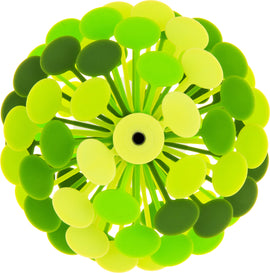 Lollipopter Green Apple by Beyond 123, a vibrant, spherical fidget toy made of flexible green and yellow plastic pieces. It features a unique design that resembles a flower or helicopter blades, perfect for sensory play and relaxation.