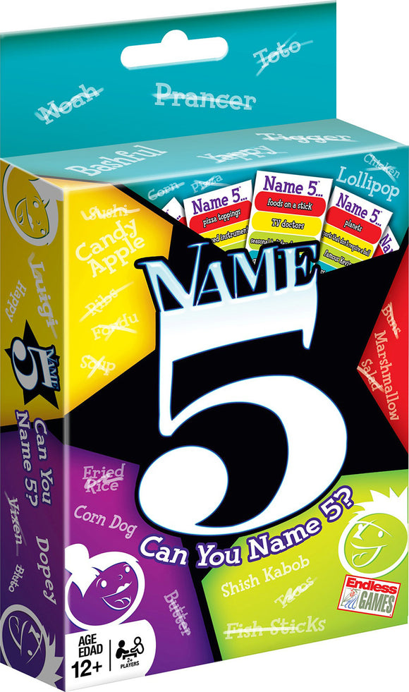 The Name 5 Card Game by Goliath features a colorful box showcasing the game’s fun and engaging concept. The lid is adorned with playful graphics and phrases like 'Can You Name 5?', inviting players to test their knowledge in various categories. Bright colors and whimsical designs enhance the excitement of game night for ages 12 and up, making it perfect for family and friends.