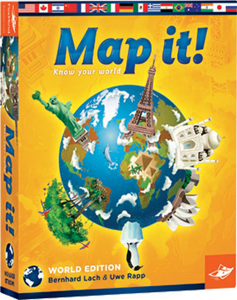 Map It! World Edition is an engaging game designed by FoxMind Canada. The box features a vibrant illustration of a globe surrounded by iconic landmarks like the Eiffel Tower, Statue of Liberty, and Taj Mahal, inviting players to explore and learn about geography in a fun and interactive way.