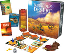 Forbidden Desert board game by Gamewright featuring a beautifully illustrated box cover depicting a desert landscape. The components include player pieces in various colors, a sandstorm meter, a selection of action cards labeled 'Explorer', 'Time Throttle', and 'Storm Picks Up', along with map tiles illustrating desert terrain. A unique steampunk-style vehicle is also included, enhancing the adventurous theme of the game meant for 2-5 players aged 10 and up.
