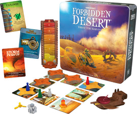 Forbidden Desert board game by Gamewright featuring a beautifully illustrated box cover depicting a desert landscape. The components include player pieces in various colors, a sandstorm meter, a selection of action cards labeled 'Explorer', 'Time Throttle', and 'Storm Picks Up', along with map tiles illustrating desert terrain. A unique steampunk-style vehicle is also included, enhancing the adventurous theme of the game meant for 2-5 players aged 10 and up.