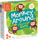 The Monkey Around game box featuring colorful graphics of playful monkeys holding bananas. Suitable for ages 2+, it promotes social-emotional skills through fun interactions. The game encourages children and parents to play together.