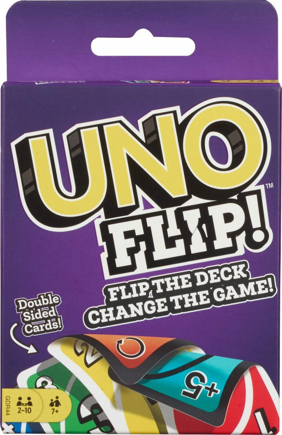 Uno Flip card game by Harbro, featuring a vibrant purple box with the title 'UNO FLIP!' prominently displayed. The packaging highlights that it includes double-sided cards and encourages players to 'Flip the Deck, Change the Game!'. Suitable for 2 to 10 players aged 7 and up.