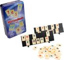 Rummikub Travel Tin game box displaying the colorful number tiles. The game includes a compact tin container, two tile racks, and various numbered tiles. Suitable for 2 to 4 players, ages 8 and up.