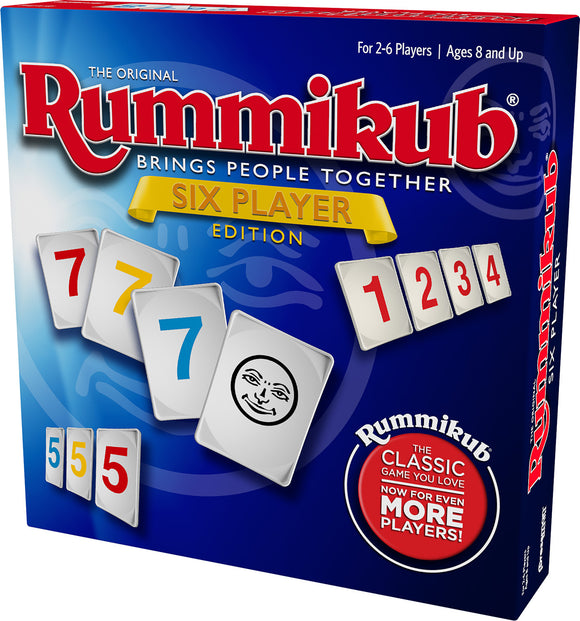 A box of Rummikub: 6 Player Edition game featuring colorful numbered tiles. The packaging prominently displays the game's title and indicates it accommodates 2-6 players, recommended for ages 8 and up.